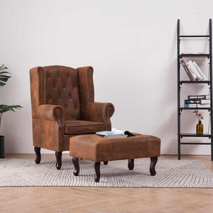 vidaXL Chesterfield Armchair and Footstool Brown Suede Look