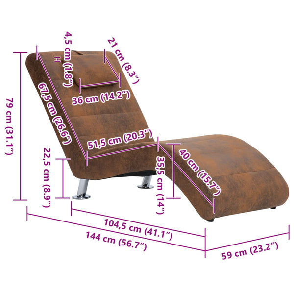 vidaXL Chaise Lounge with Cushions Brown Suede Look