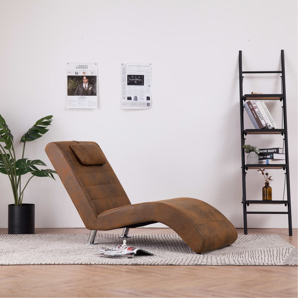 vidaXL Chaise Lounge with Cushions Brown Suede Look