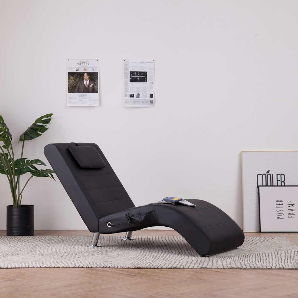 vidaXL Massage Chaise Lounge with Cushion Black Artificial Leather
