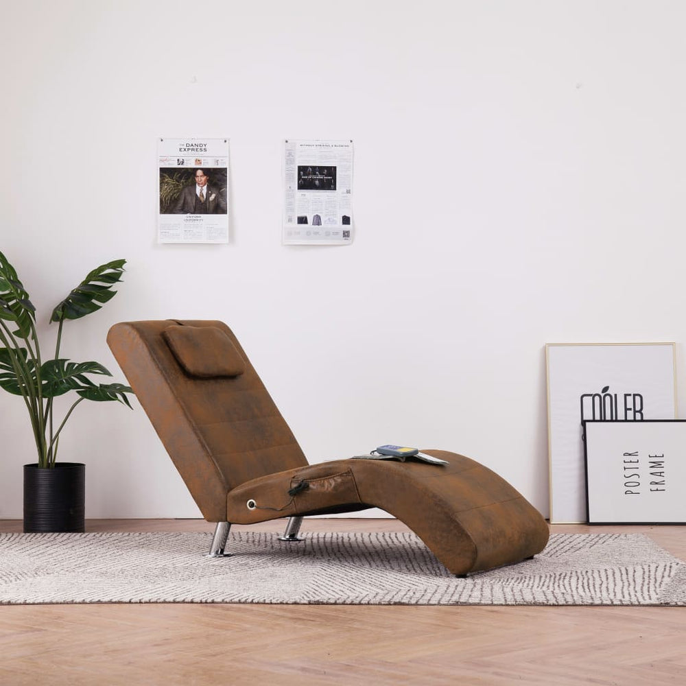 vidaXL Massage Chaise Lounge with Pillow Brown Suede Look