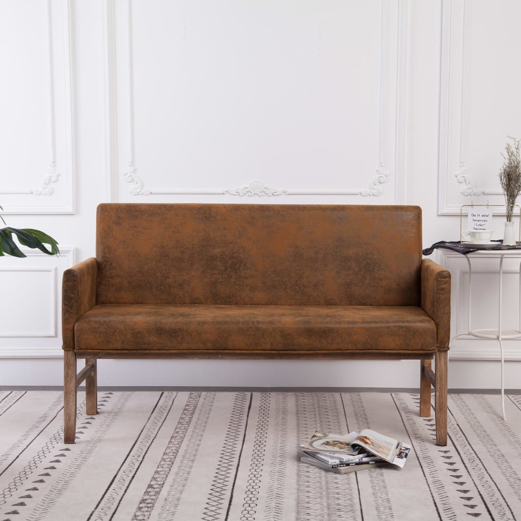 vidaXL Bench with Armrests 140 cm Brown Suede-Look