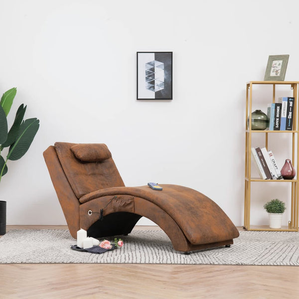 vidaXL Massage Chaise Lounge with Pillow Brown Suede Look