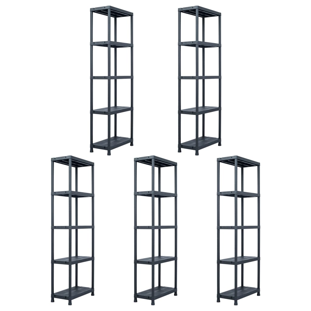 vidaXL Storage Shelves 5 pcs Black 125 kg 60 x 30 x 180 cm Plastic