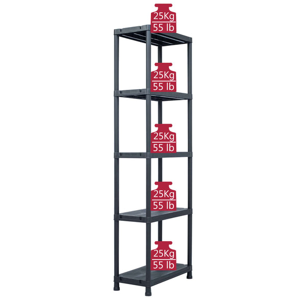 vidaXL Storage Shelves 5 pcs Black 125 kg 60 x 30 x 180 cm Plastic