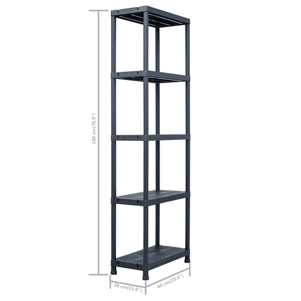 vidaXL Storage Shelves 5 pcs Black 125 kg 60 x 30 x 180 cm Plastic