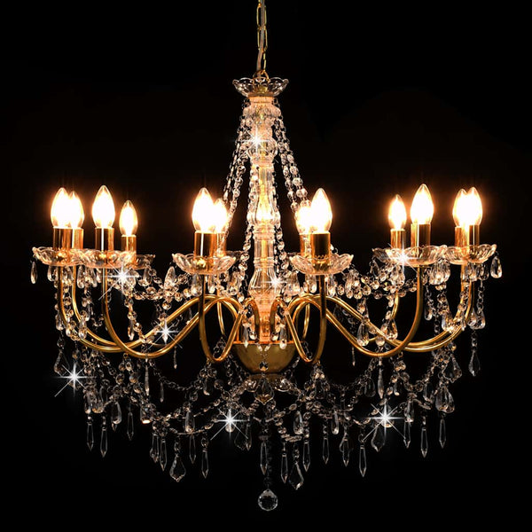 vidaXL Chandelier with Beads Golden 12 x E14 Sockets
