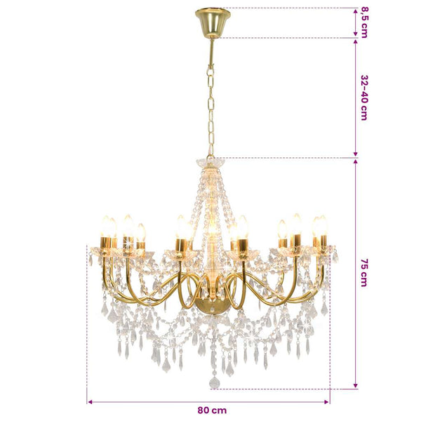 vidaXL Chandelier with Beads Golden 12 x E14 Sockets
