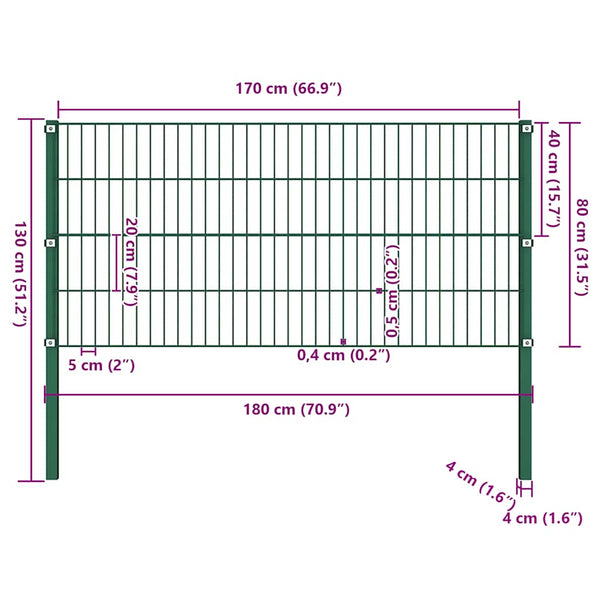 vidaXL Fence Panel with Posts Iron 176.5 x 80 cm Green