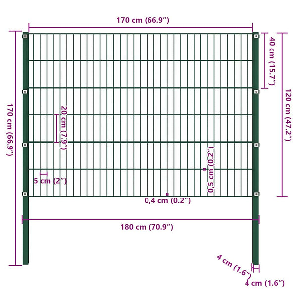 vidaXL Fence Panel with Posts Iron 176.5 x 120 cm Green
