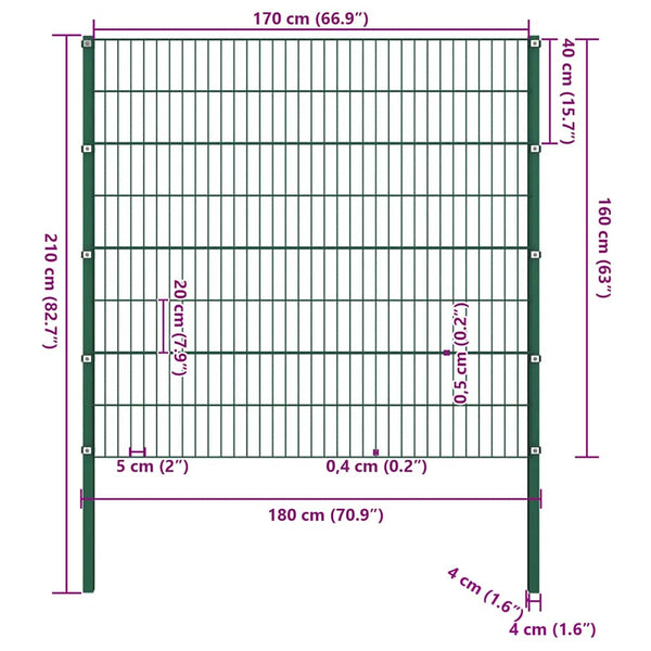 vidaXL Fence Panel with Posts Iron 176.5 x 160 cm Green