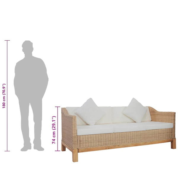 vidaXL 3-Seater Sofa with Cushions Natural Rattan