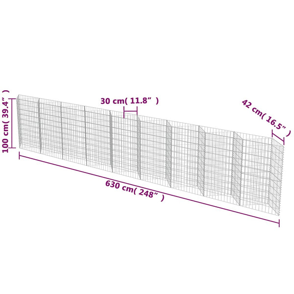 vidaXL Gabion Wall Galvanized Steel 630x30x100 cm