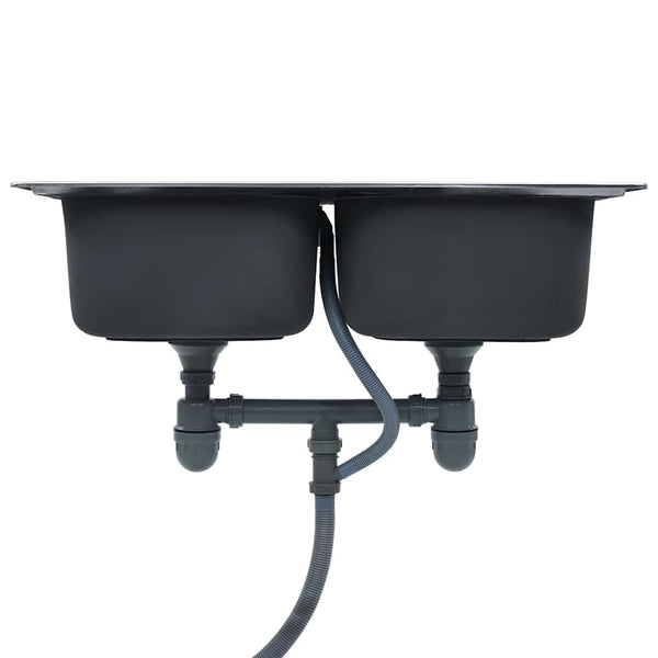 vidaXL Kitchen Sink Double Bowl with Strainer & Siphon Stainless Steel