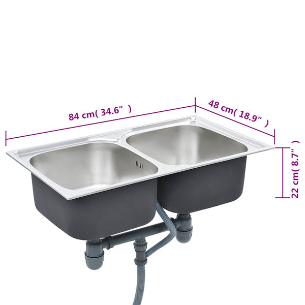 vidaXL Kitchen Sink Double Bowl with Strainer & Siphon Stainless Steel