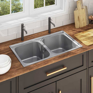vidaXL Kitchen Sink Double Bowl with Strainer & Siphon Stainless Steel