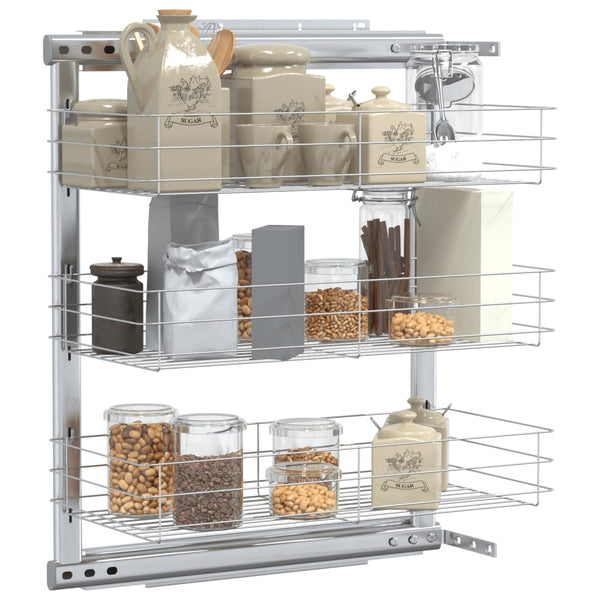 vidaXL 3-Tier Kitchen Wire Basket Pull-Out Silver 47x25x56 cm