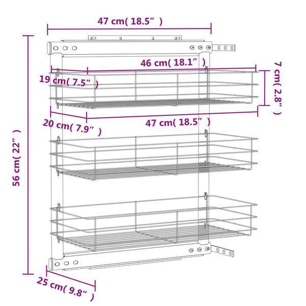vidaXL 3-Tier Kitchen Wire Basket Pull-Out Silver 47x25x56 cm