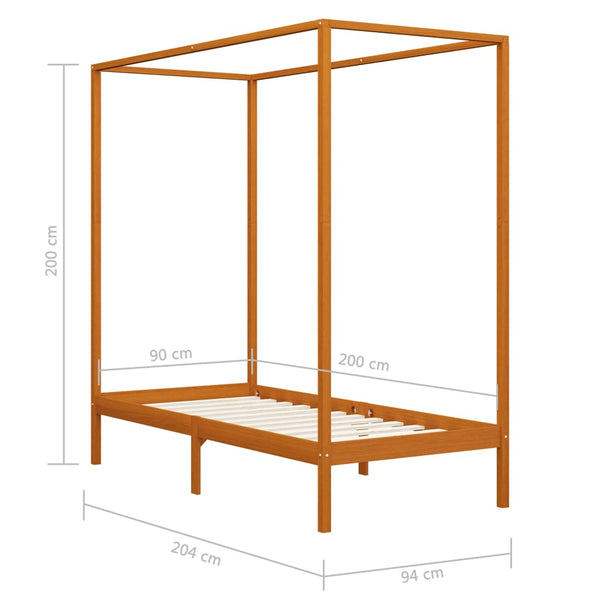 vidaXL Four-Poster Bed Frame Honey Brown Solid Pine Wood 90 x 200 cm