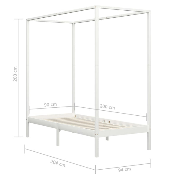 vidaXL Four-Poster Bed Frame White Solid Pine Wood 90 x 200 cm