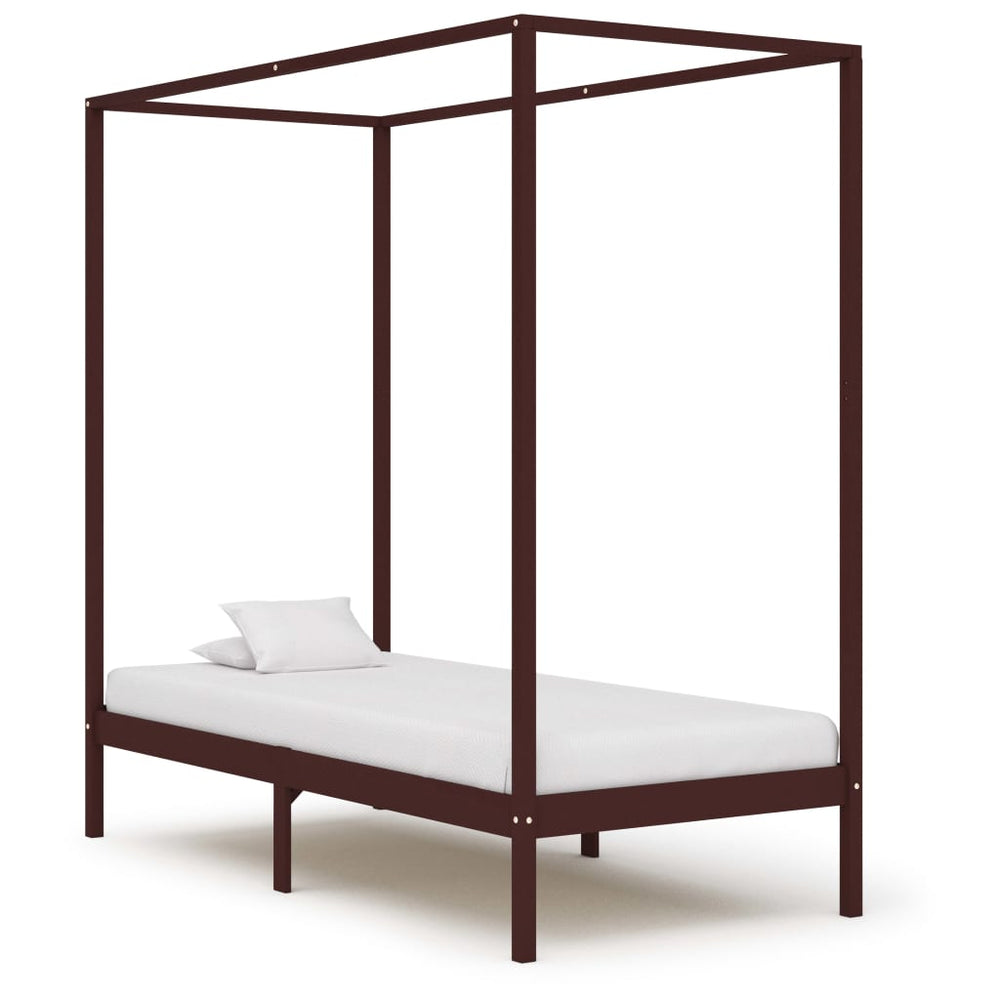 vidaXL Four-poster Bed Frame Dark Brown Solid Pine Wood 90 x 200 cm