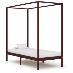 vidaXL Four-poster Bed Frame Dark Brown Solid Pine Wood 90 x 200 cm