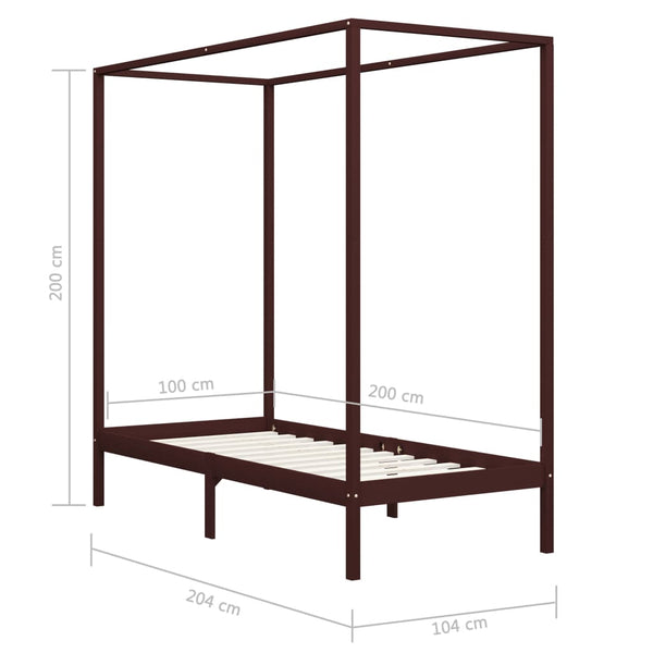 vidaXL Four-Poster Bed Frame Dark Brown Solid Pine Wood 100 x 200 cm