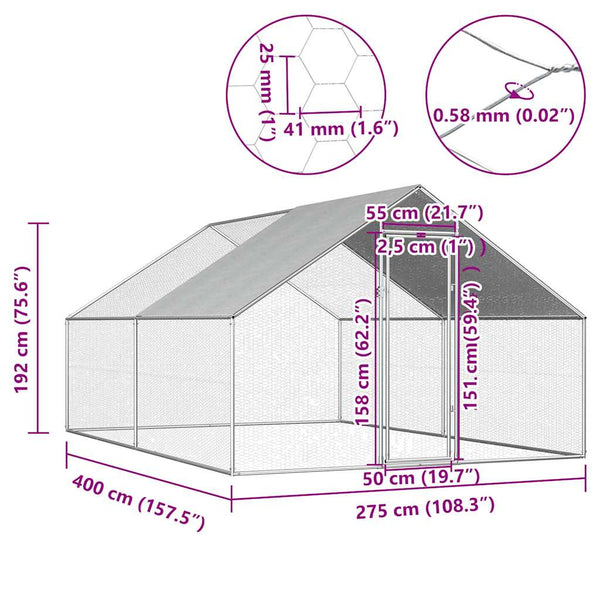 vidaXL Outdoor Chicken Coop 2.75x4x1.92 m Galvanised Steel