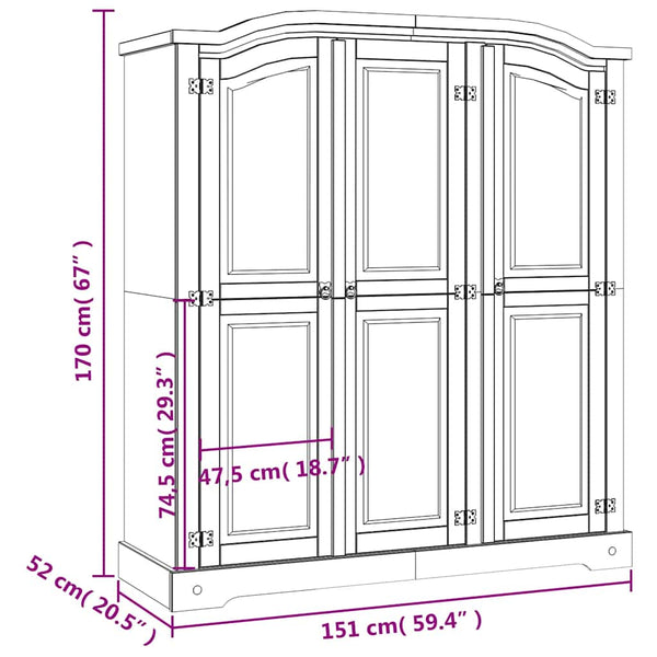 vidaXL Wardrobe Mexican Style Pinewood 3 Doors Grey