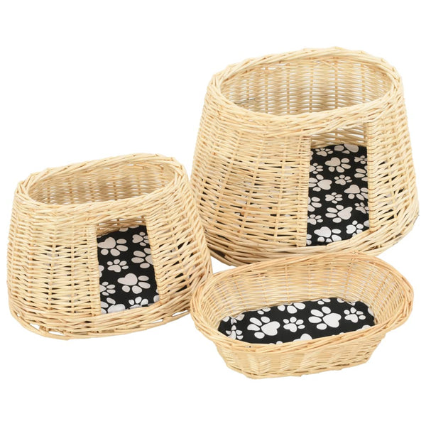 vidaXL 3-Piece Cat Basket Set with Cushions 47 x 34 x 60 cm Natural Willow