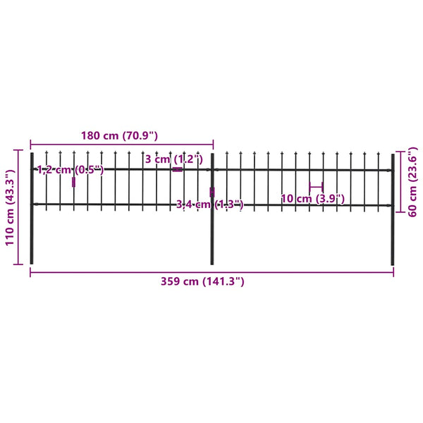 vidaXL Garden Fence with Spear Top Steel 359 x 60 cm Black