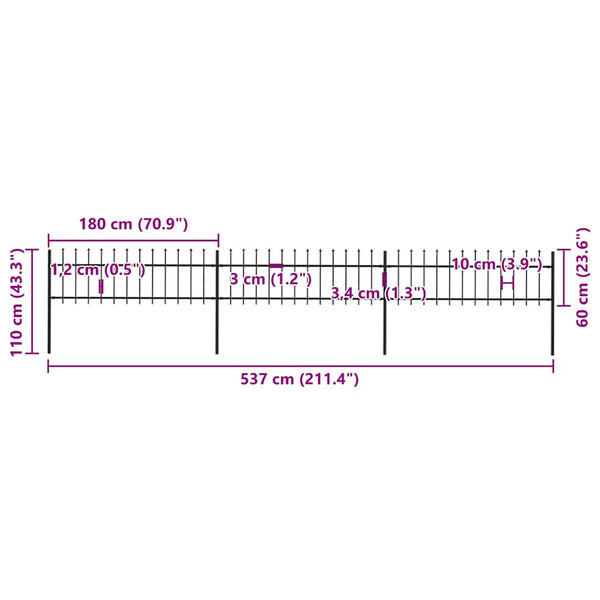vidaXL Garden Fence with Spear Top Steel 537 x 60 cm Black
