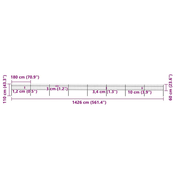 vidaXL Garden Fence with Spear Top Steel 1426 x 60 cm Black