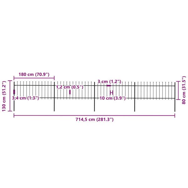 vidaXL Garden Fence with Spear Top Steel 714.5 x 80 cm Black