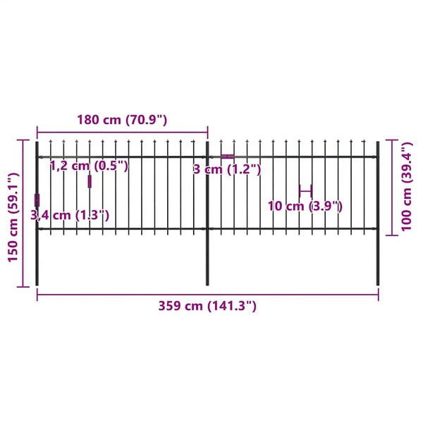 vidaXL Garden Fence with Spear Top Steel 359 x 100 cm Black