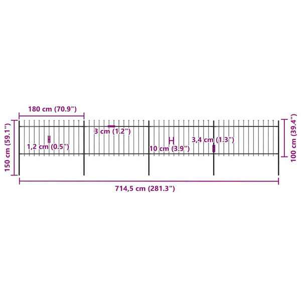 vidaXL Garden Fence with Spear Top Steel 714.5 x 100 cm Black
