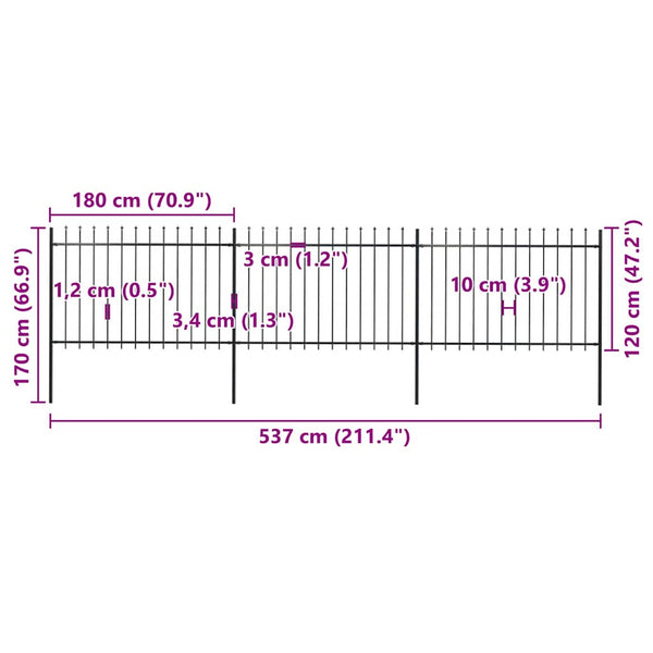 vidaXL Garden Fence with Spear Top Steel 537 x 120 cm Black