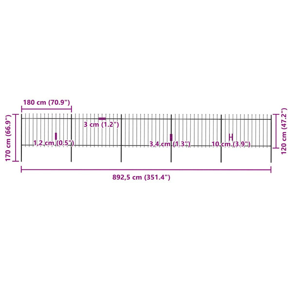 vidaXL Garden Fence with Spear Top Steel 892.5 x 120 cm Black
