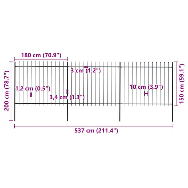 vidaXL Garden Fence with Spear Top Steel 537 x 150 cm Black