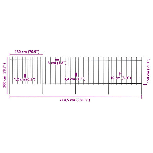 vidaXL Garden Fence with Spear Top Steel 714.5 x 150 cm Black