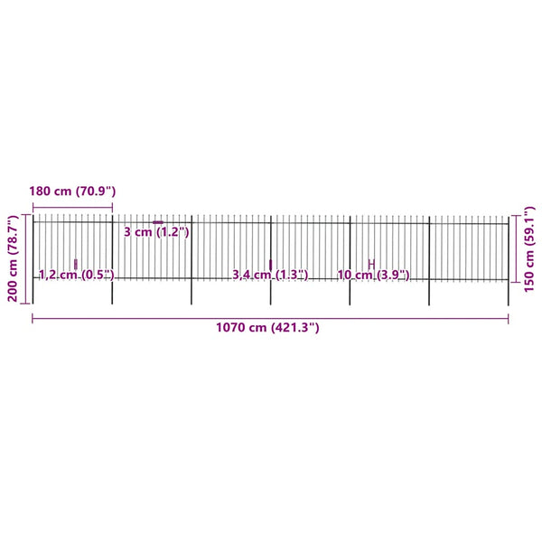 vidaXL Garden Fence with Spear Top Steel 1070 x 150 cm Black