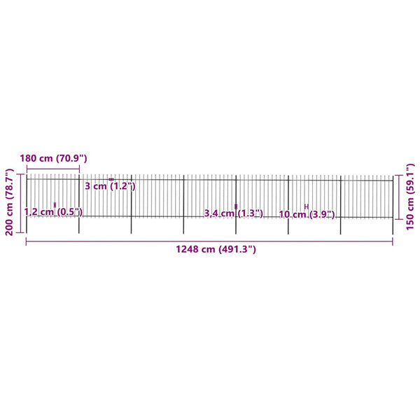 vidaXL Garden Fence with Spear Top Steel 1248 x 150 cm Black