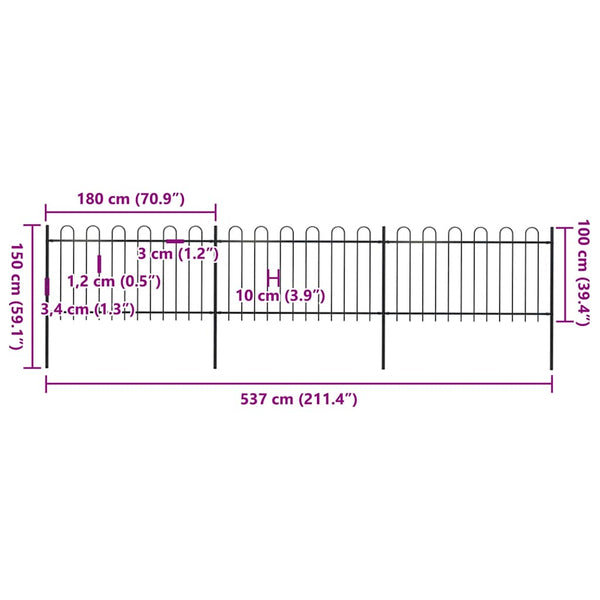 vidaXL Garden Fence with Arch Steel 537 x 100 cm Black
