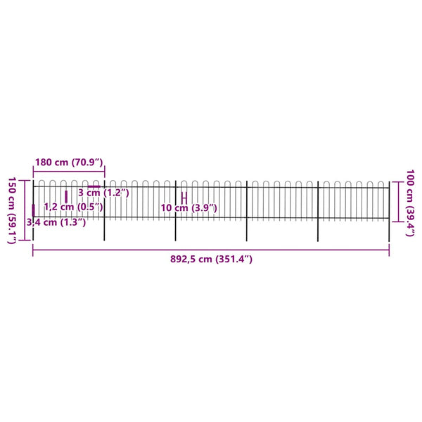 vidaXL Garden Fence with Round Arch Steel 892.5 x 100 cm Black