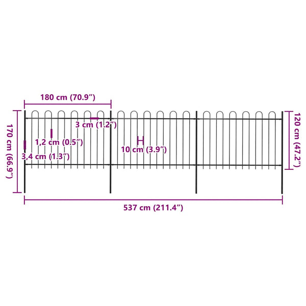 vidaXL Garden Fence with Arch Steel 537 x 120 cm Black