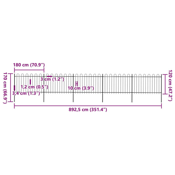 vidaXL Garden Fence with Arch Design Steel 8.5 x 1.2 m Black