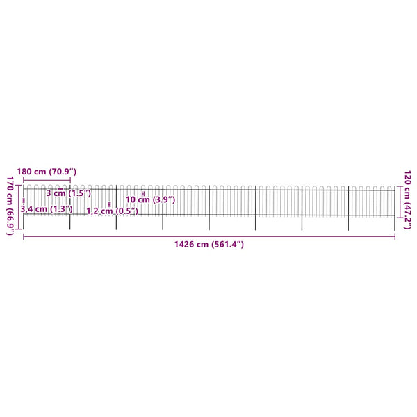vidaXL Garden Fence with Arches Steel 1426 x 120 cm Black