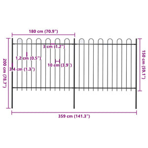 vidaXL Garden Gate with Round Top Steel 359 x 150 cm Black