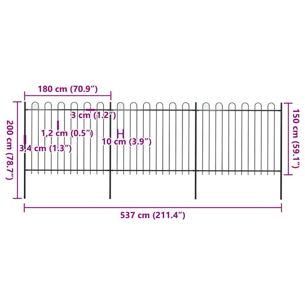 vidaXL Garden Fence with Arch Steel 537 x 150 cm Black