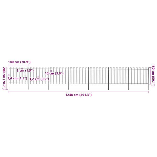 vidaXL Garden Fence with Round Arch Steel 1248 x 150 cm Black